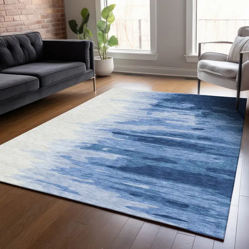 Navy Blue And Ivory Abstract Washable Indoor Outdoor Area Rug Photo 8