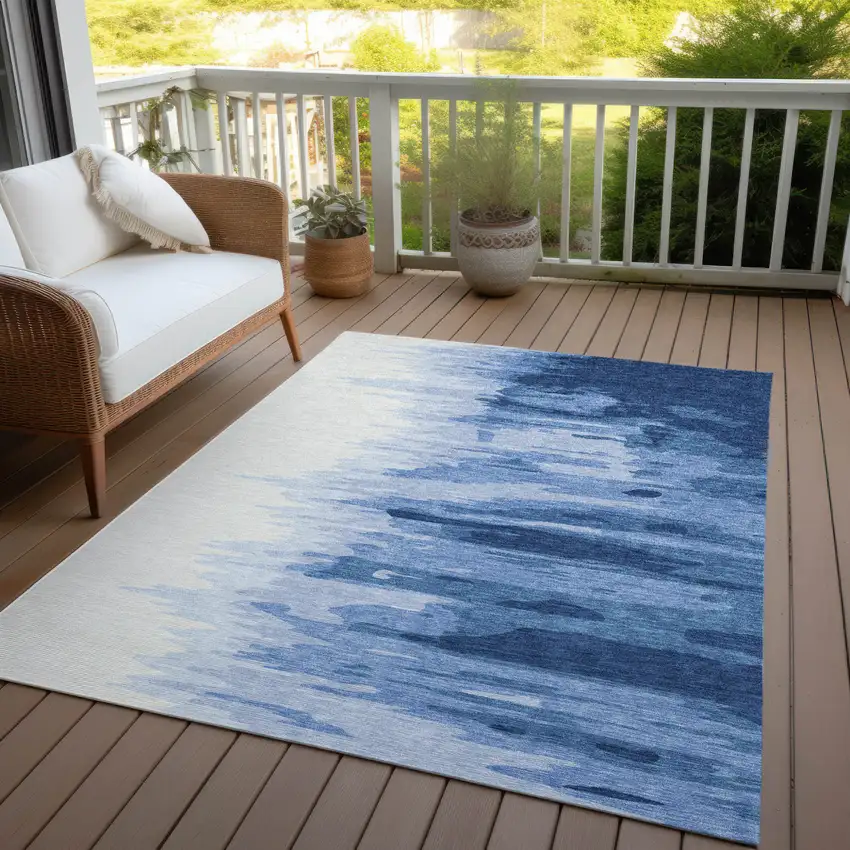 Navy Blue And Ivory Abstract Washable Indoor Outdoor Area Rug Photo 7