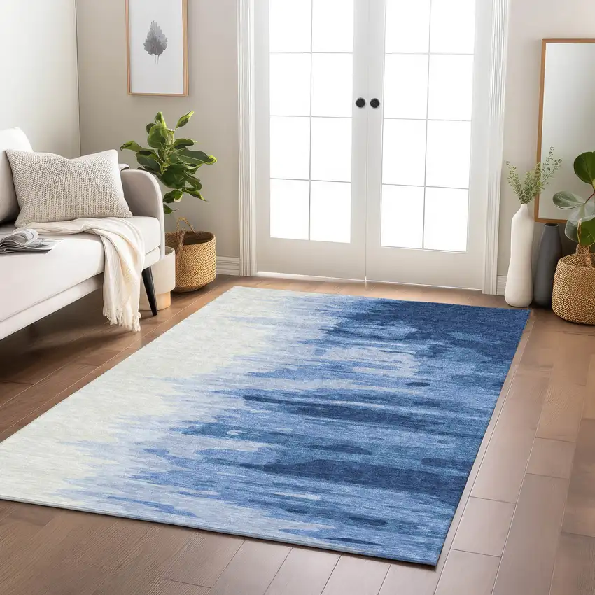 Navy Blue And Ivory Abstract Washable Indoor Outdoor Area Rug Photo 9