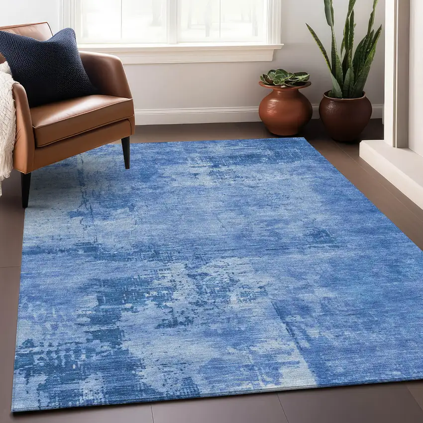 Navy Blue And Ivory Abstract Washable Indoor Outdoor Area Rug Photo 8