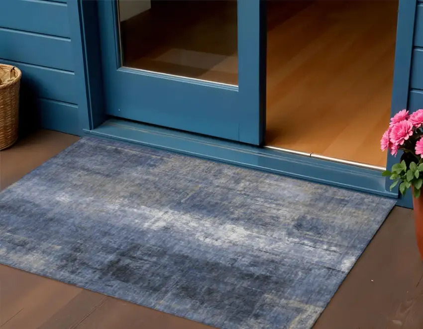 Navy Blue And Ivory Abstract Washable Indoor Outdoor Area Rug Photo 2