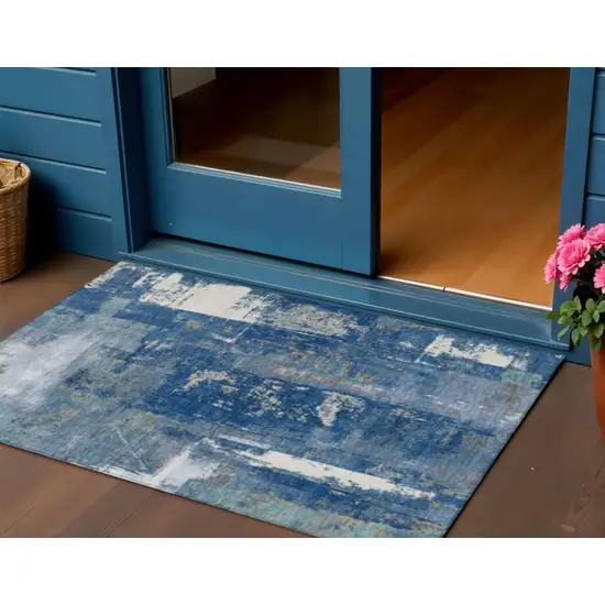 Navy Blue And Ivory Abstract Washable Indoor Outdoor Area Rug Photo 2