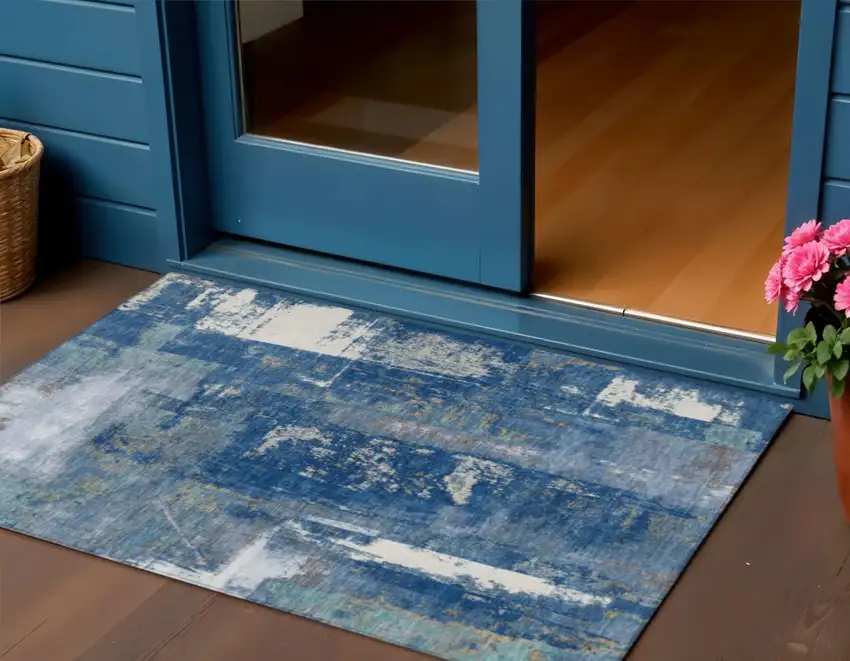 Navy Blue And Ivory Abstract Washable Indoor Outdoor Area Rug Photo 2