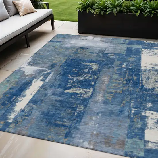 Navy Blue And Ivory Abstract Washable Indoor Outdoor Area Rug Photo 2