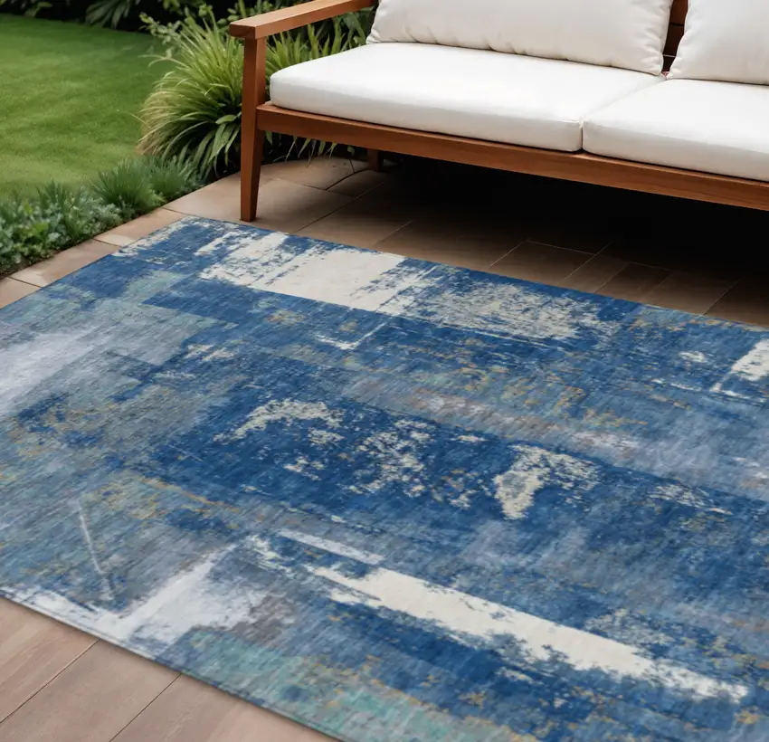 Navy Blue And Ivory Abstract Washable Indoor Outdoor Area Rug Photo 2