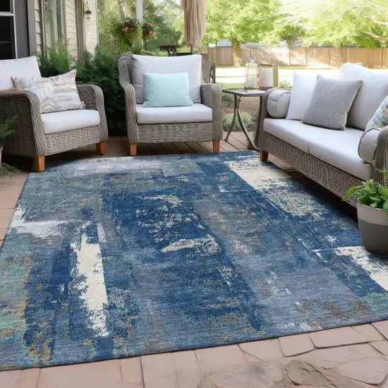 Navy Blue And Ivory Abstract Washable Indoor Outdoor Area Rug Photo 4
