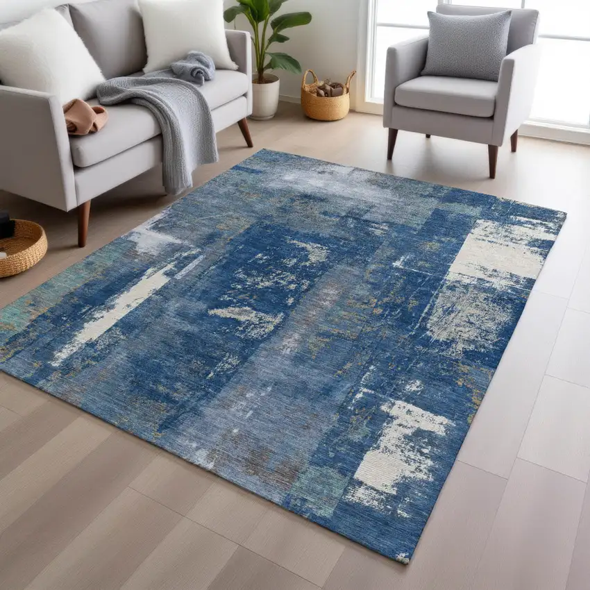 Navy Blue And Ivory Abstract Washable Indoor Outdoor Area Rug Photo 5
