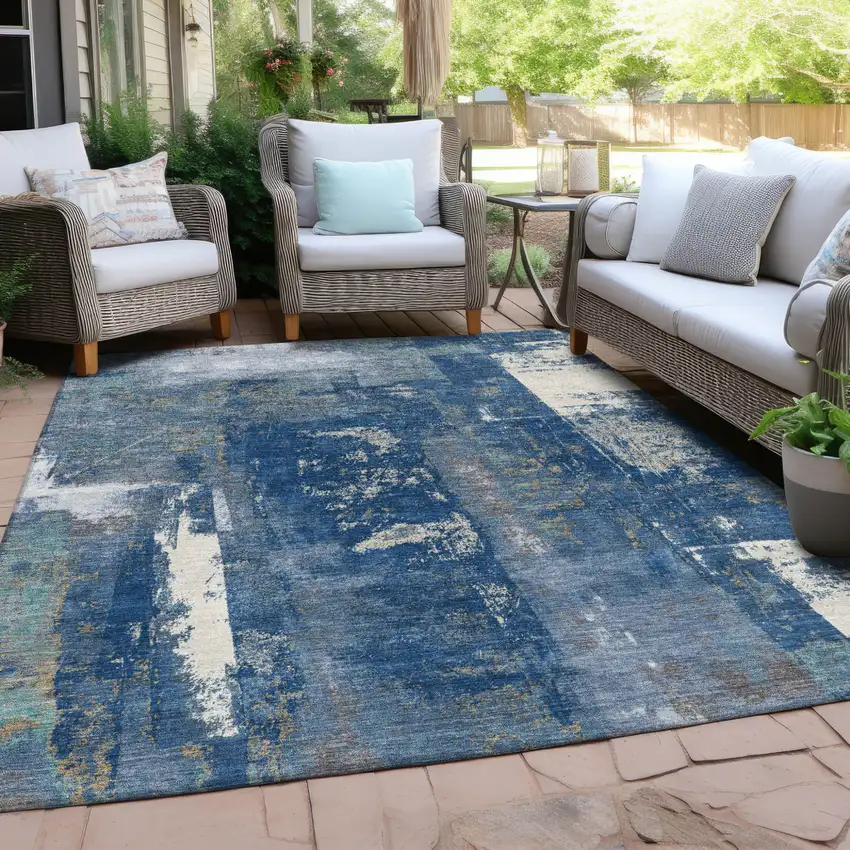 Navy Blue And Ivory Abstract Washable Indoor Outdoor Area Rug Photo 4