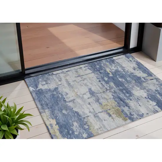 Navy Blue And Ivory Abstract Washable Indoor Outdoor Area Rug Photo 1