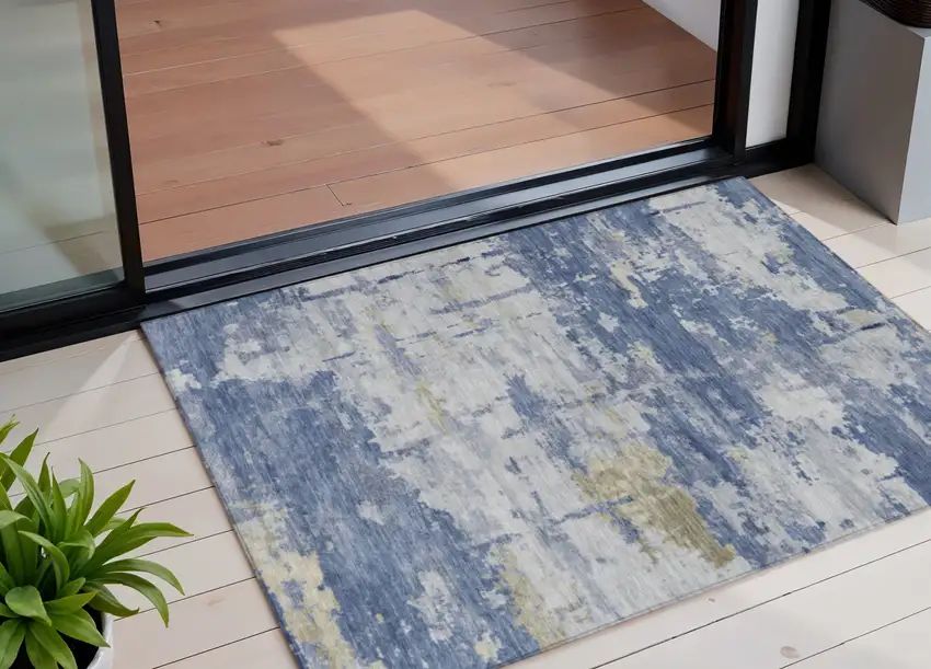 Navy Blue And Ivory Abstract Washable Indoor Outdoor Area Rug Photo 1