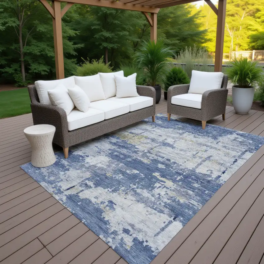 Navy Blue And Ivory Abstract Washable Indoor Outdoor Area Rug Photo 6