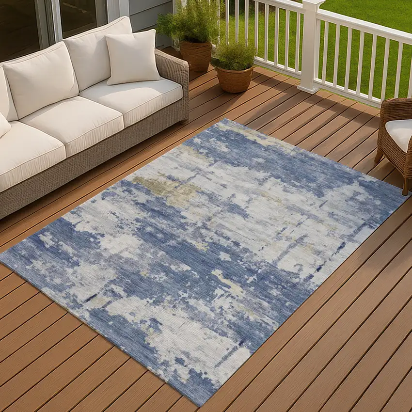 Navy Blue And Ivory Abstract Washable Indoor Outdoor Area Rug Photo 3