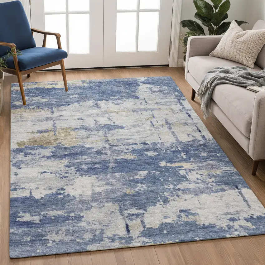 Navy Blue And Ivory Abstract Washable Indoor Outdoor Area Rug Photo 4