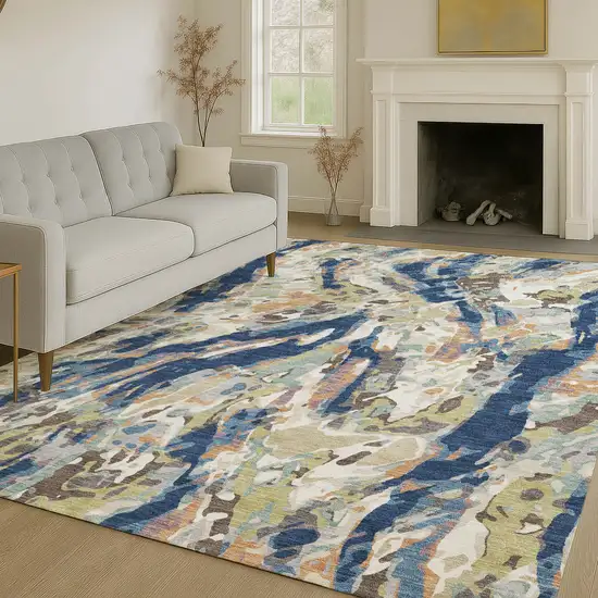 Navy Blue And Ivory Abstract Washable Indoor Outdoor Area Rug Photo 6