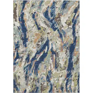 Photo of Navy Blue And Ivory Abstract Washable Indoor Outdoor Area Rug