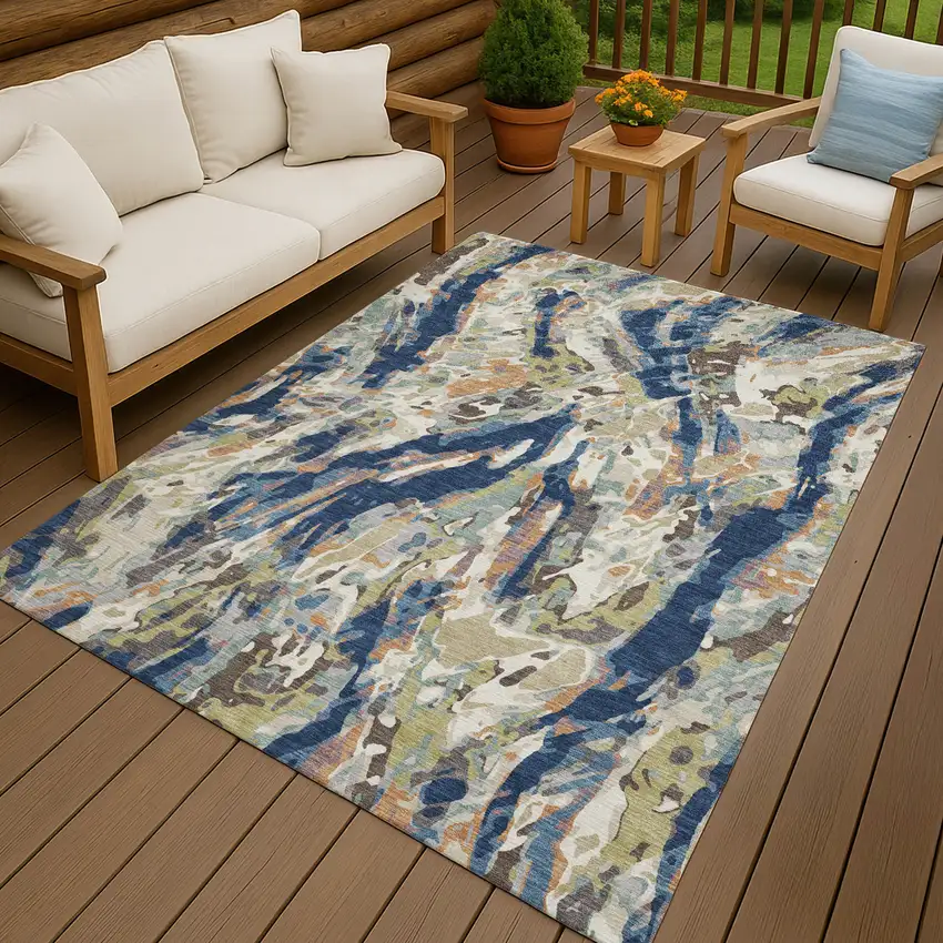 Navy Blue And Ivory Abstract Washable Indoor Outdoor Area Rug Photo 4