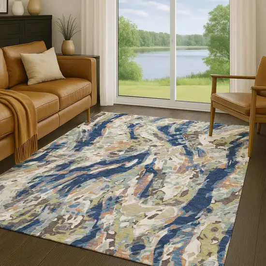 Navy Blue And Ivory Abstract Washable Indoor Outdoor Area Rug Photo 5