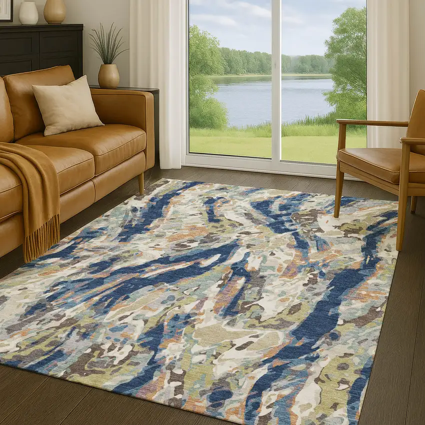 Navy Blue And Ivory Abstract Washable Indoor Outdoor Area Rug Photo 5