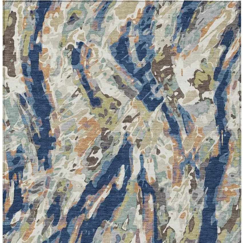 Navy Blue And Ivory Abstract Washable Indoor Outdoor Area Rug Photo 3