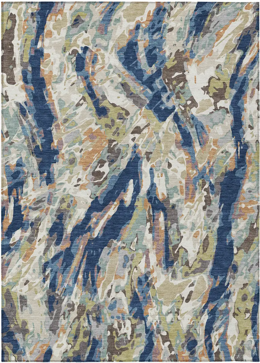 Navy Blue And Ivory Abstract Washable Indoor Outdoor Area Rug Photo 1