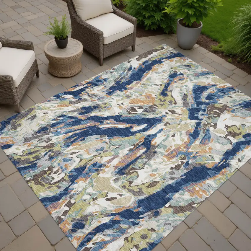 Navy Blue And Ivory Abstract Washable Indoor Outdoor Area Rug Photo 7