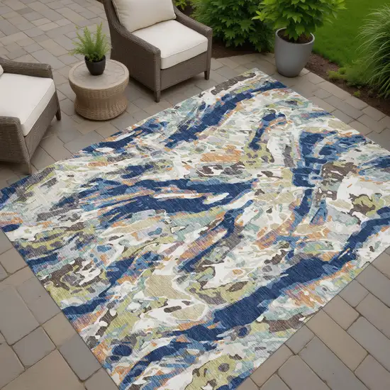 Navy Blue And Ivory Abstract Washable Indoor Outdoor Area Rug Photo 7