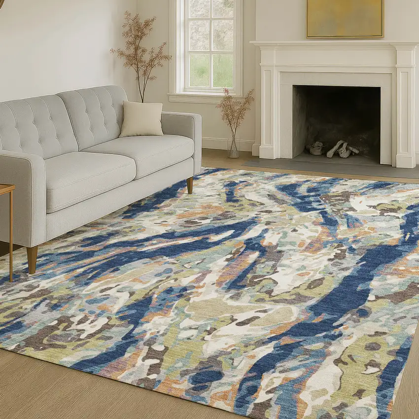 Navy Blue And Ivory Abstract Washable Indoor Outdoor Area Rug Photo 6