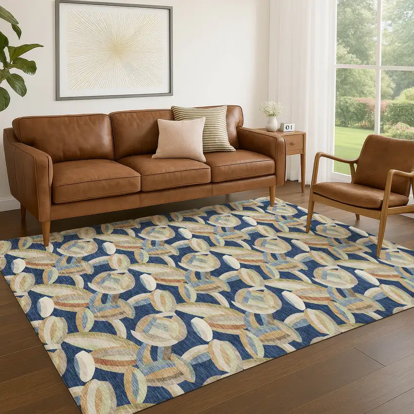 Navy Blue And Ivory Abstract Washable Indoor Outdoor Area Rug Photo 5