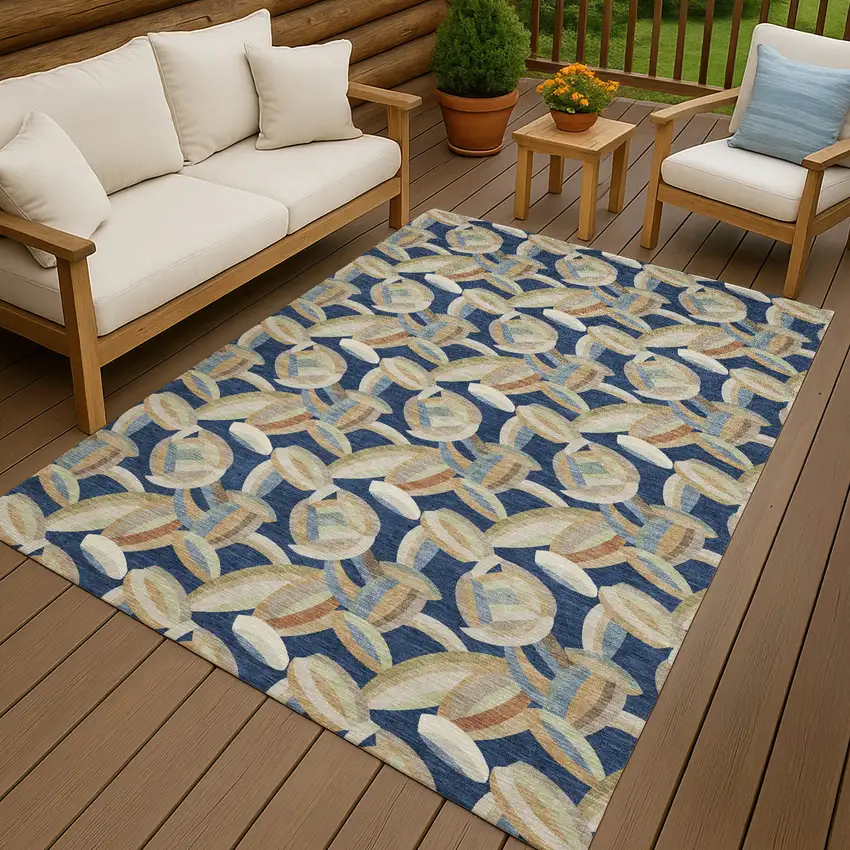 Navy Blue And Ivory Abstract Washable Indoor Outdoor Area Rug Photo 4