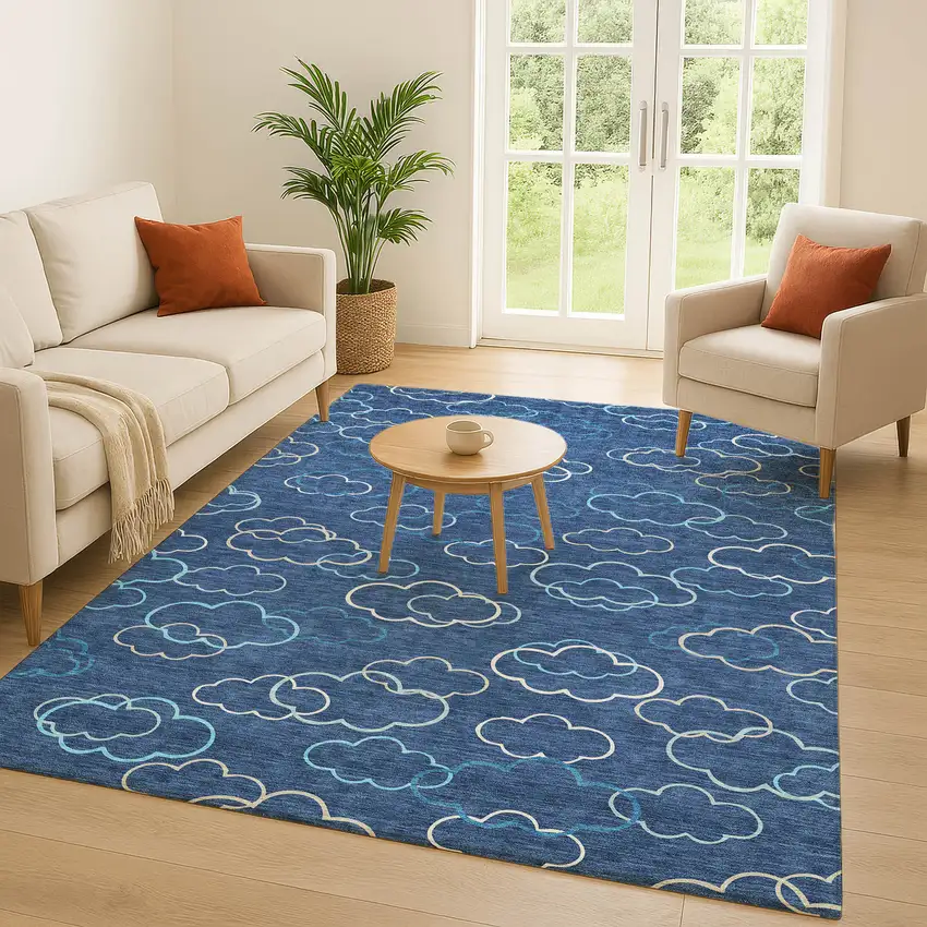 Navy Blue And Ivory Abstract Washable Indoor Outdoor Area Rug Photo 5
