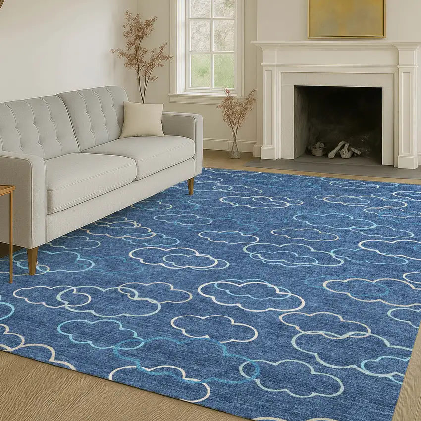 Navy Blue And Ivory Abstract Washable Indoor Outdoor Area Rug Photo 6