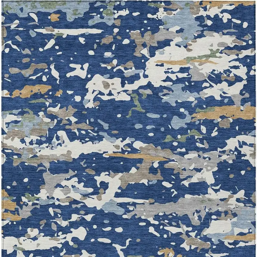 Navy Blue And Ivory Abstract Washable Indoor Outdoor Area Rug Photo 3