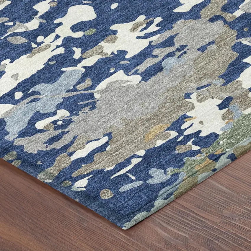 Navy Blue And Ivory Abstract Washable Indoor Outdoor Area Rug Photo 4