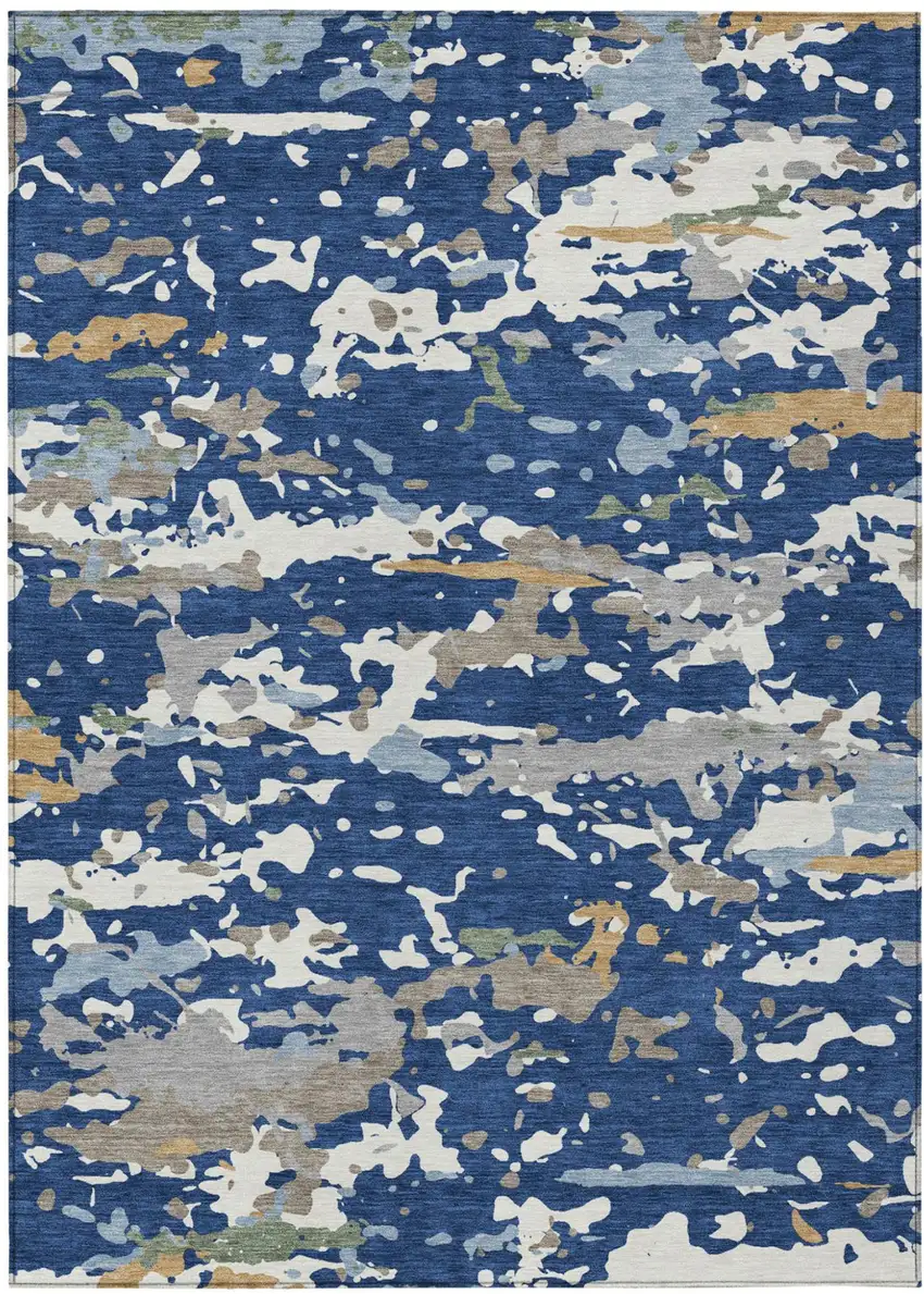 Navy Blue And Ivory Abstract Washable Indoor Outdoor Area Rug Photo 1