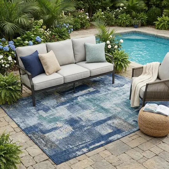 Navy Blue And Ivory Abstract Washable Indoor Outdoor Area Rug Photo 1