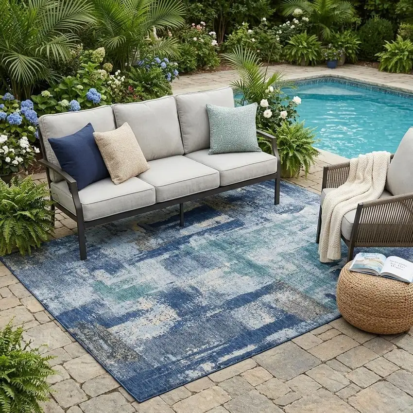 Navy Blue And Ivory Abstract Washable Indoor Outdoor Area Rug Photo 1