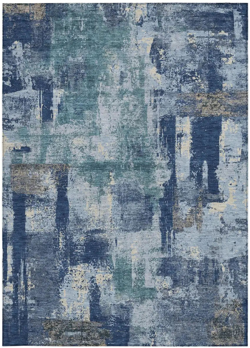Navy Blue And Ivory Abstract Washable Indoor Outdoor Area Rug Photo 3