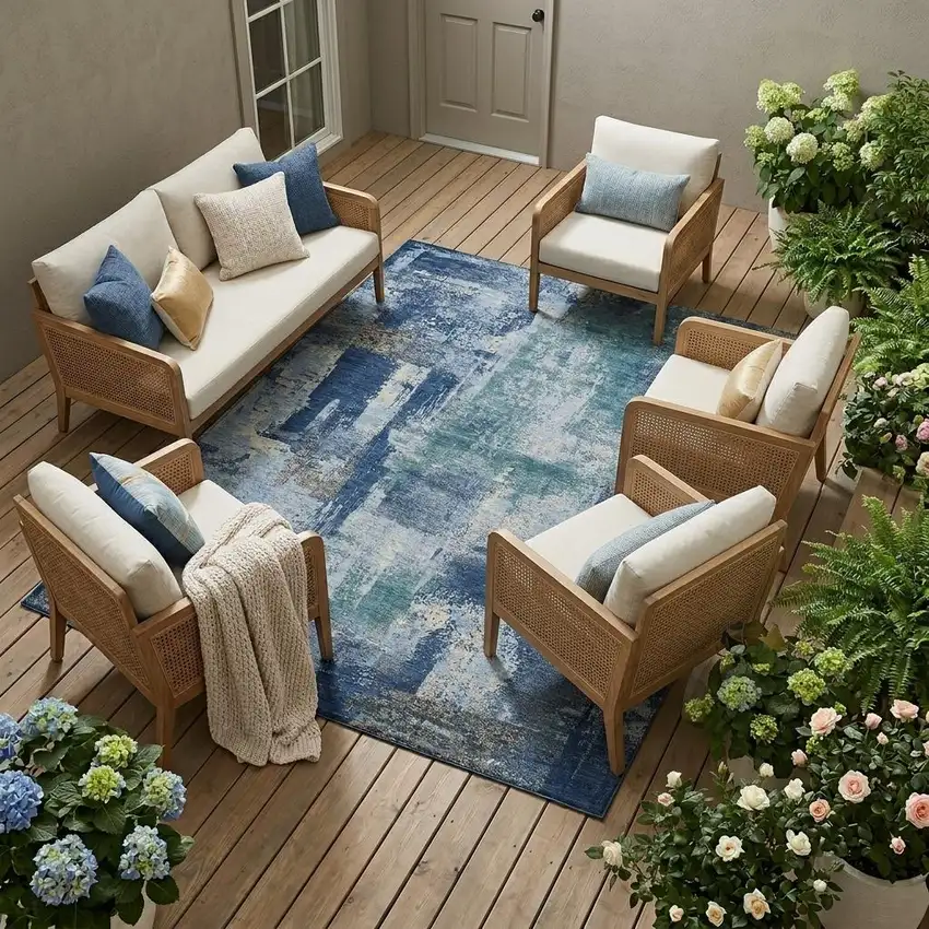 Navy Blue And Ivory Abstract Washable Indoor Outdoor Area Rug Photo 1