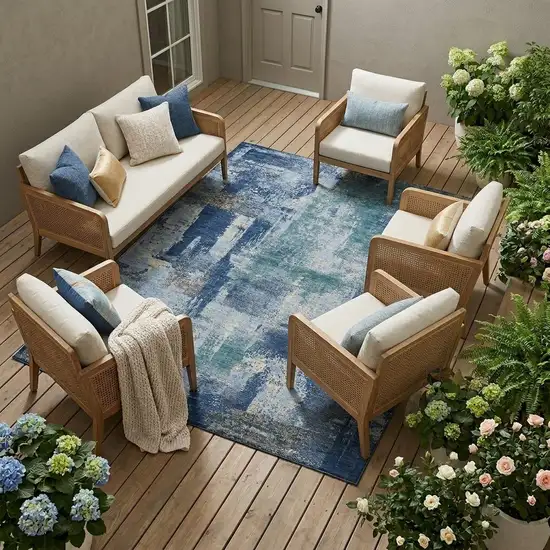 Navy Blue And Ivory Abstract Washable Indoor Outdoor Area Rug Photo 1