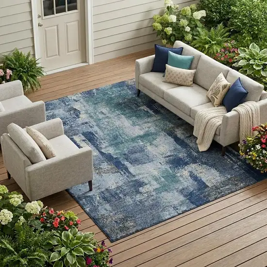 Navy Blue And Ivory Abstract Washable Indoor Outdoor Area Rug Photo 1