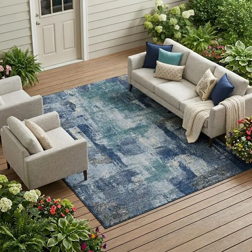 Navy Blue And Ivory Abstract Washable Indoor Outdoor Area Rug Photo 1