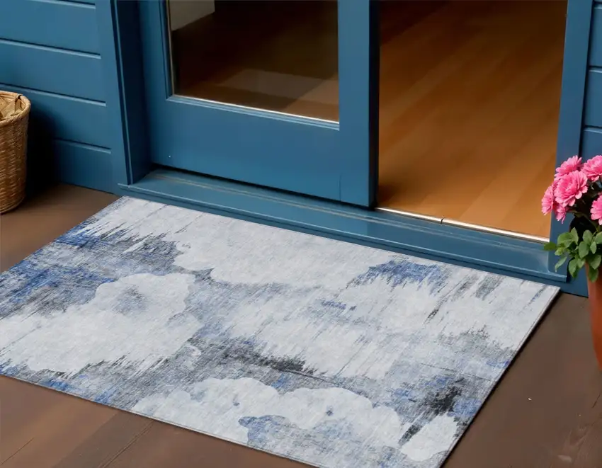 Navy Blue And Ivory Abstract Washable Indoor Outdoor Area Rug Photo 1