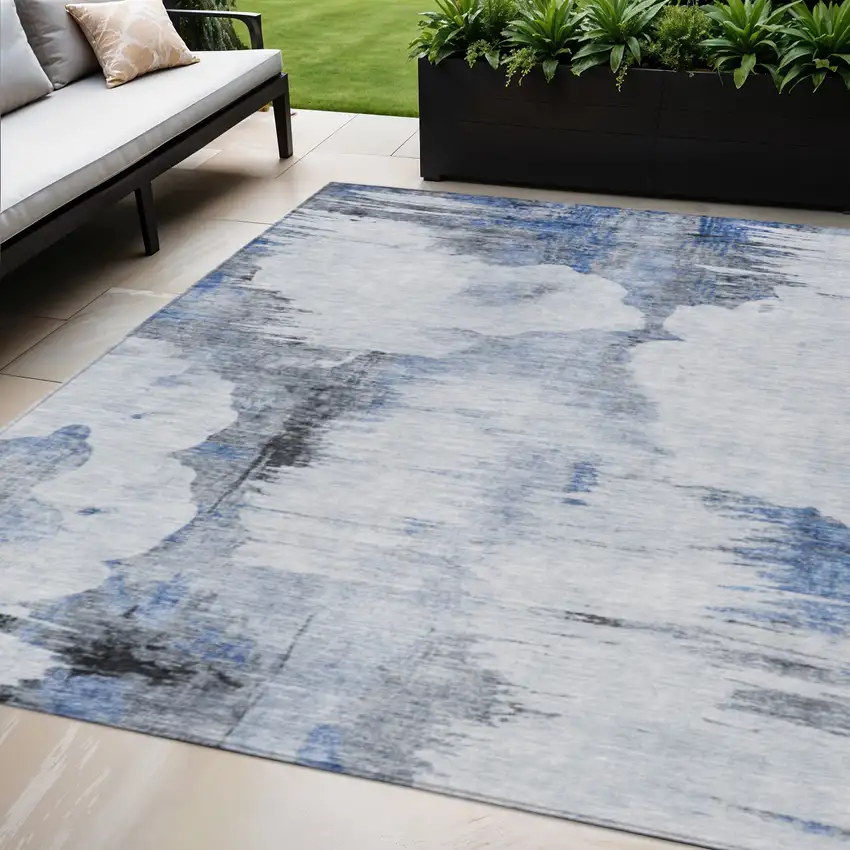 Navy Blue And Ivory Abstract Washable Indoor Outdoor Area Rug Photo 1