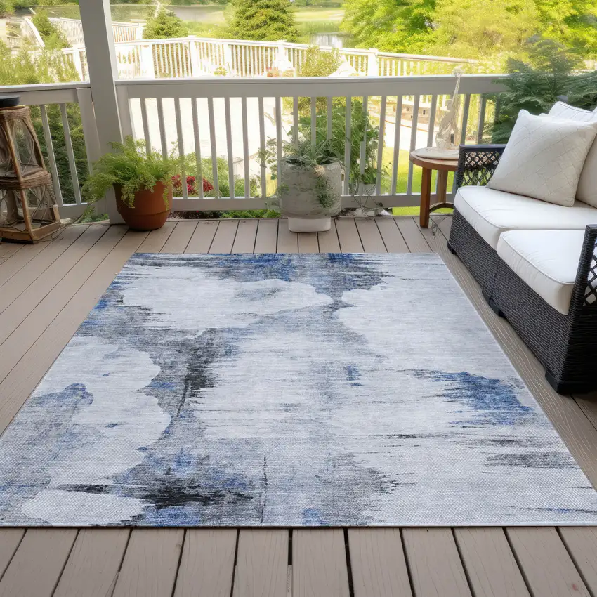 Navy Blue And Ivory Abstract Washable Indoor Outdoor Area Rug Photo 9