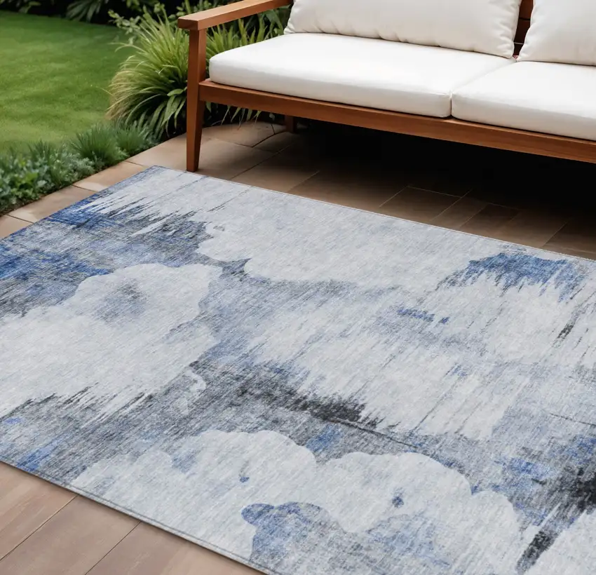 Navy Blue And Ivory Abstract Washable Indoor Outdoor Area Rug Photo 1