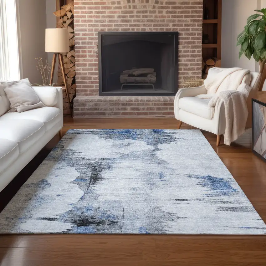 Navy Blue And Ivory Abstract Washable Indoor Outdoor Area Rug Photo 8