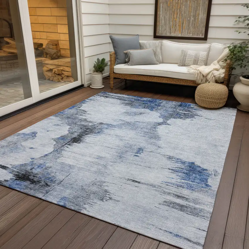 Navy Blue And Ivory Abstract Washable Indoor Outdoor Area Rug Photo 6
