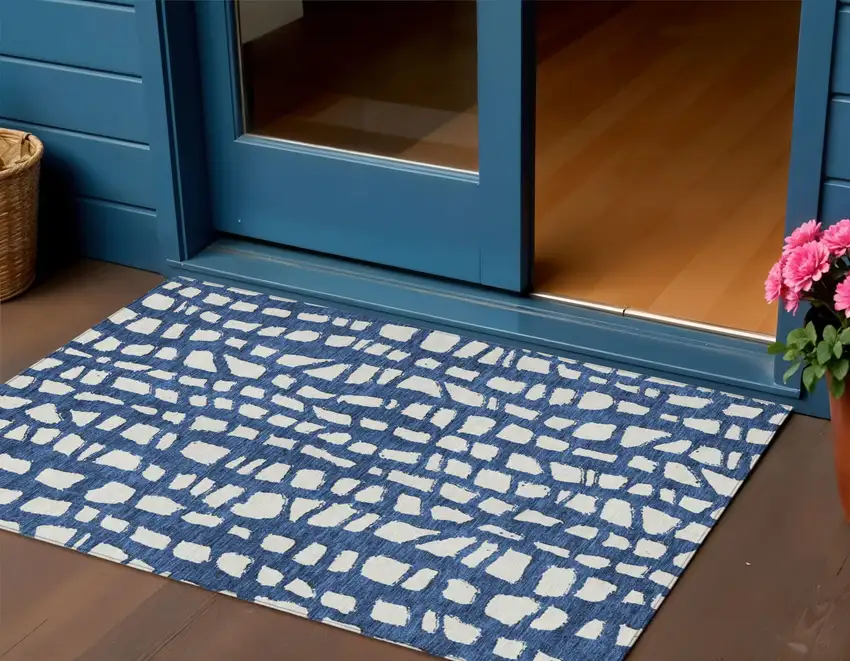 Navy Blue And Ivory Abstract Washable Indoor Outdoor Area Rug Photo 1