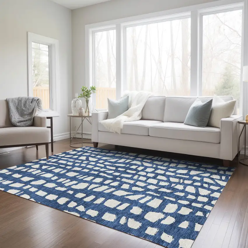 Navy Blue And Ivory Abstract Washable Indoor Outdoor Area Rug Photo 8