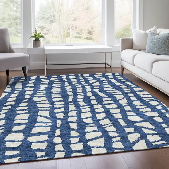 Navy Blue And Ivory Abstract Washable Indoor Outdoor Area Rug Photo 6